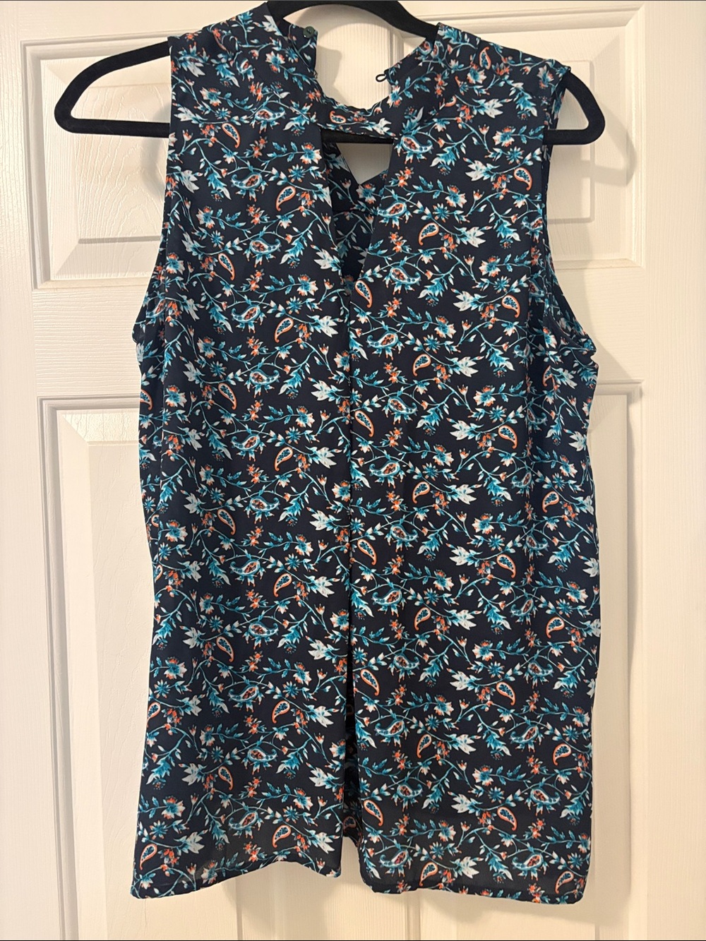 Sleeveless Floral V-Neck Women’s Top - Navy with Teal & Coral
